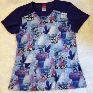 Deeamworks Trolls Scrub Top Womens Size Small Purple‎ Short Sleeve Work Shirt